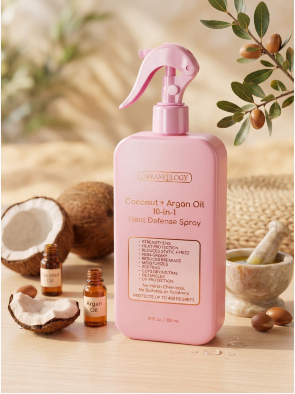 Dreamology Coconut + Argan Oil 10-in-1 Heat Defense Spray 12 oz 450°F New